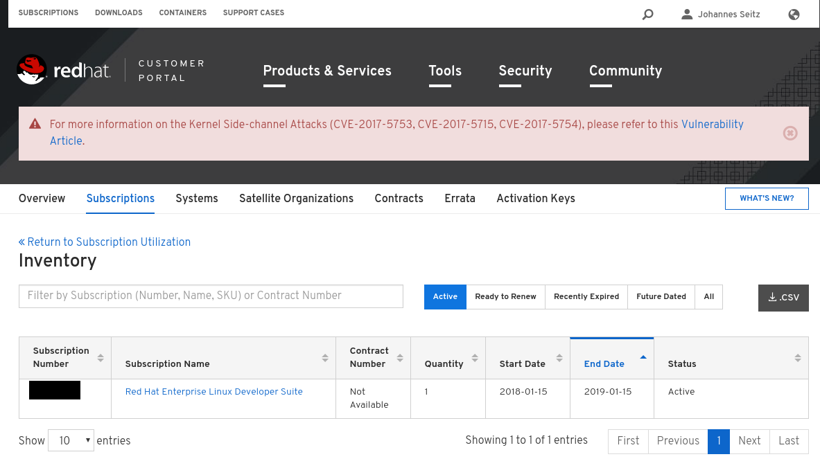 Screenshot of the RHEL subscription management interface